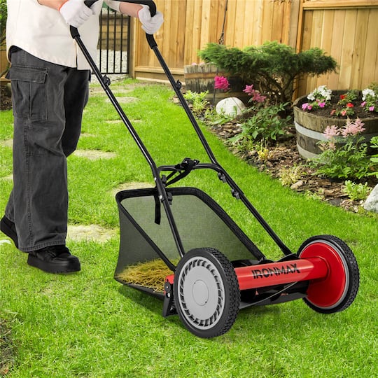 Costway Ironmax Red & Black Push Lawn Mower with 5-Blade Removable Grass Catcher